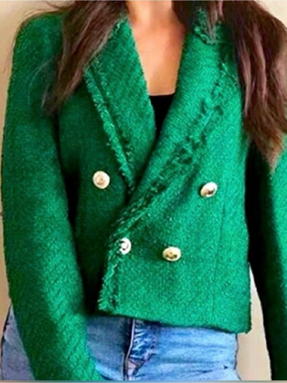 ZARA Emerald Green Textured Double-Breasted
Cropped Blazer Size S